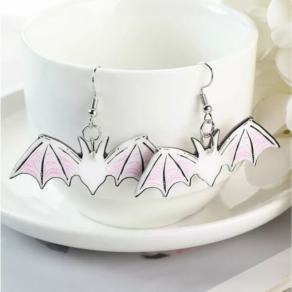 Fashion Witchy Bat Woman Dangle Earrings Acrylic Pastel Pink Goth Gothic Drop - Picture 3 of 3